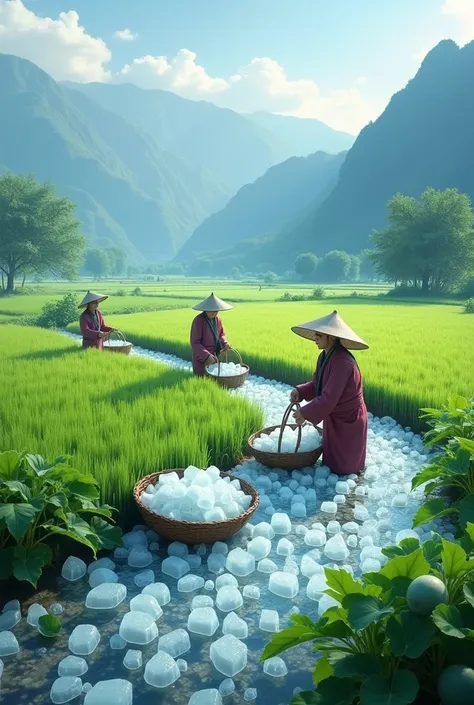 farmers in the rice fields, harvest ice cubes crystal ,  4 baskets full of ice crystals , tanaman melon,  mountain landscape and green rice fields