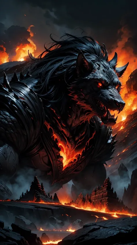 Highly detailed, cinematic, realistic. A colossal, three-headed Cerberus towers over the rocky, volcanic terrain. Each head is massive and menacing, with glowing red eyes and sharp, bared fangs dripping with fiery embers. Its obsidian-black fur is matted a...