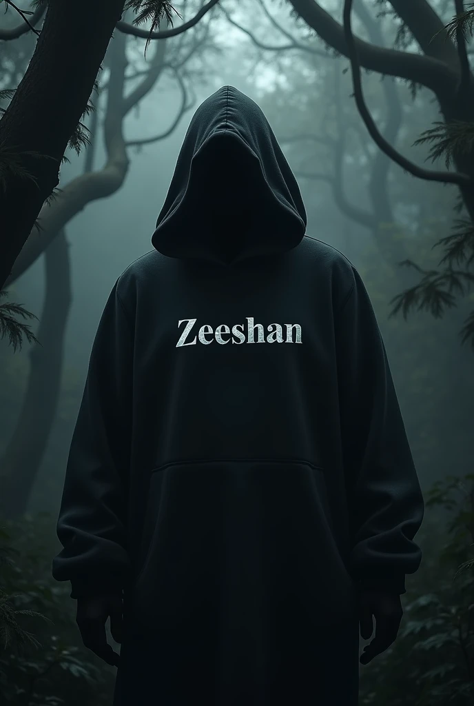 A annomus man in black hoodie, With Black face,  background Black jungle  , Name on Shirt "ZEESHAN" in white Bold  Glowing latter 