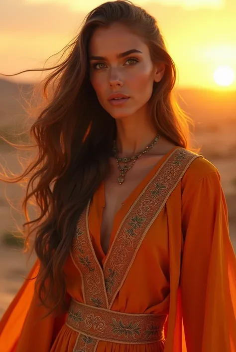 Create a Martell woman with long brown hair with an embroidered orange safari and sun