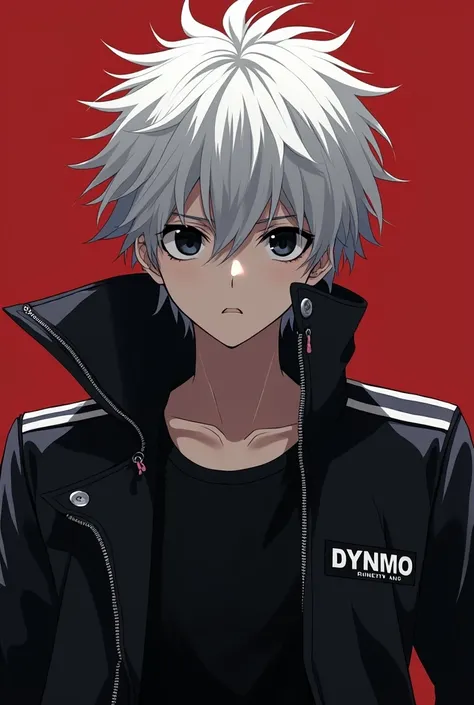 Create a Masterpiece ,  best quality , A young adult anime-type  , Alone,  male focus, looking straight ahead with a dark look  ,  Known _Kaneki,  white hair , black eyes and that your motorcyclist-style jacket has the following name on the chest DYNMO.Nin...