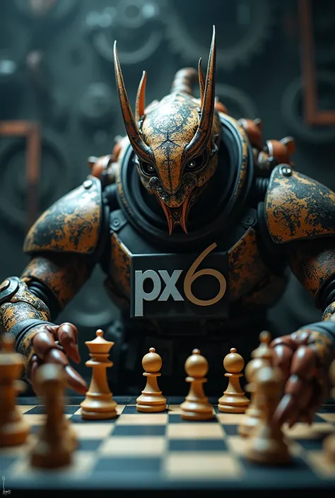 Scorpion soldier playing chess and with a logo that says Px6