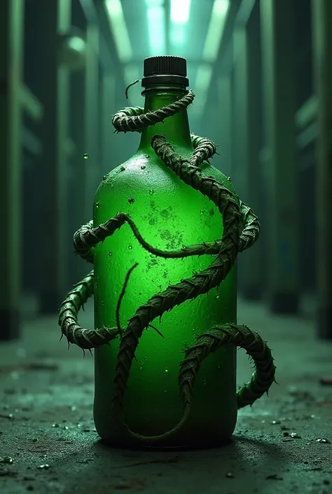  a bottle containing green toxic mucus，Legs wrapped around a bottle ，realistic medicine bottle