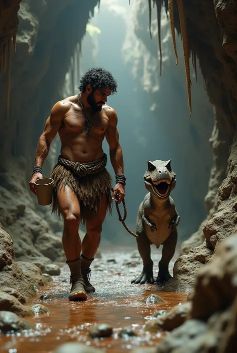  Create an ultra realistic image of a pre-historic cave  walking with a baby Tyrannosaurus rex, Hes using a cup as a rope to walk with the baby Tyrannosaurus  