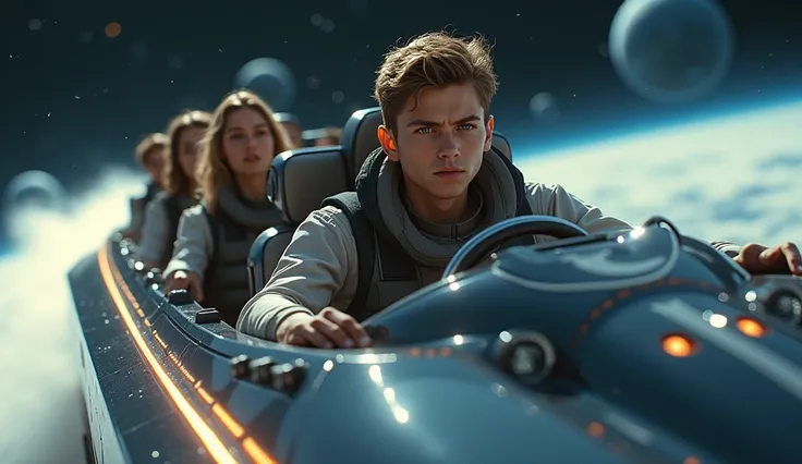 Maximum quality masterpiece, 4k resolution, (best quality, 4k, 8k, high resolution, masterpiece:1.2), super detail, (realistic, photorealistic, photorealistic:1.37), HDR young man driving a space yacht, behind him are 4 other people sitting in seats wearin...