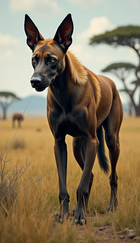 Create realistic Dobermann image with Hyena coming together in a bizarre and realistic hybrid creature in Africa