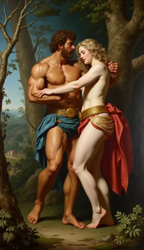 oil painting by Rubens 。Hercules trying to take the golden belt of the beautiful Hippolyte。