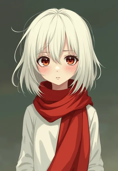 Albino with red scarf. innocent, shy and serious .   old anime mode 
