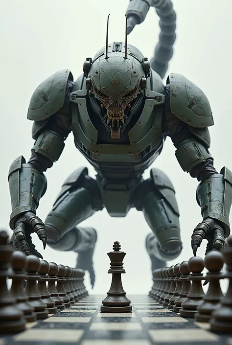 Armored humanoid military scorpion playing chess as if it were the battlefield and in the uniform that Px6 wears