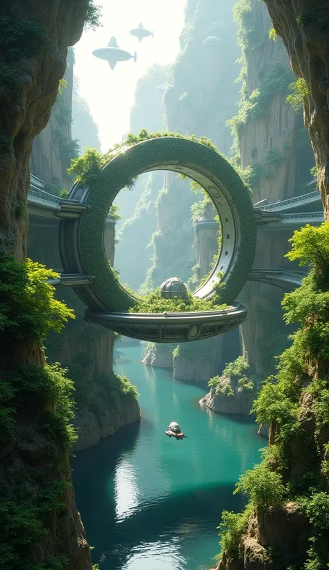  A futuristic city integrated into a deep canyon ,  surrounded by lush green vegetation .  The main structure is a suspended ring full of gardens and trees ,  with a water mirror in the center where a ship of futuristic design floats .  The environment is ...