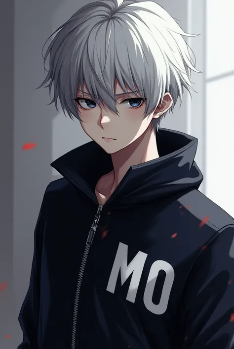 Create a Masterpiece ,  best quality , A young adult anime-type  , Alone,  male focus, looking straight ahead with a dark look  ,  Known _Kaneki,  white hair , black eyes and that in his motorcyclist-like jacket and that has the following name on his chest...