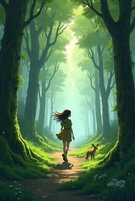 A 17-year-old girl has gone for a walk in a big forest.