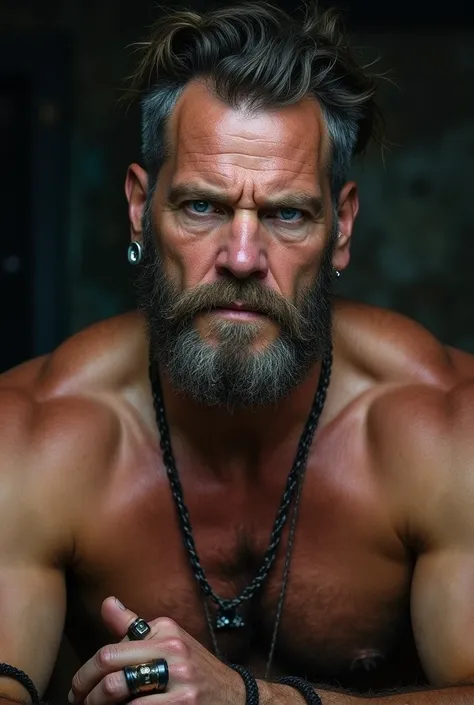  man, in the 40s, without shirt, burly and hairy.  blue eyes and thin hair . Wearing accessories like : rings,  earring and with an angry expression.