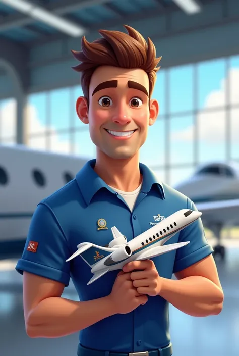 Realistic style, a professional and confident character designed as a mascot, wearing a shirt with the JK Aviação logo, holding a sleek executive airplane in his right hand. The character has a badge (crachá) on the shirt and is standing in a modern hangar...