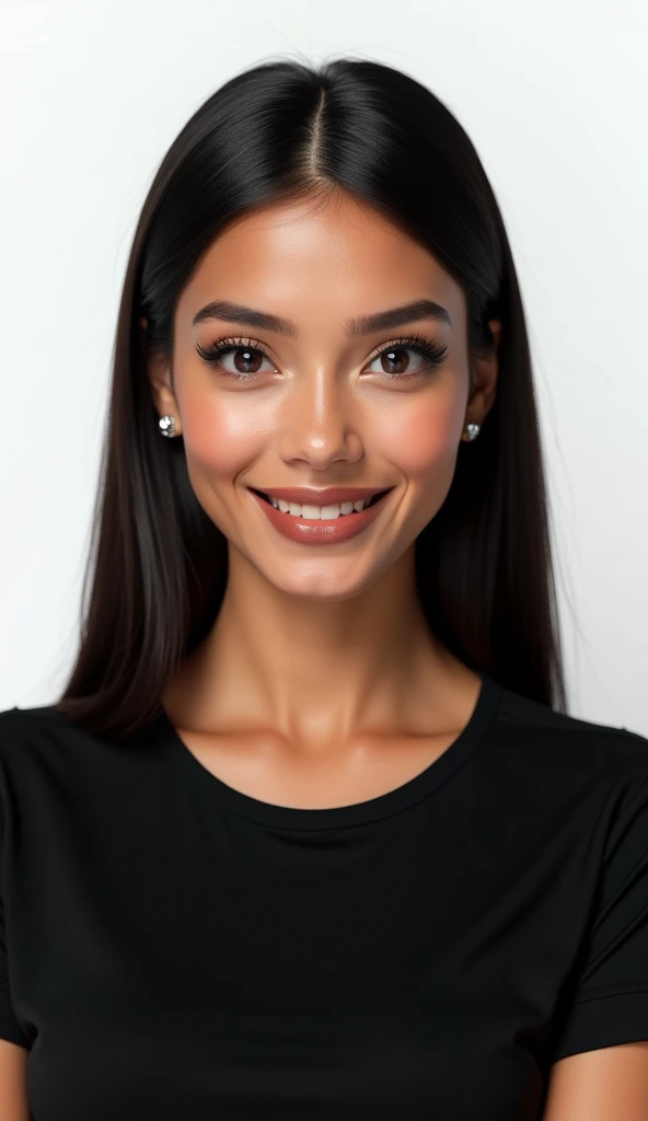 Create a hyper-realistic avatar of a cheerful Brazilian woman with smooth, dark hair styled neatly, framing her face. She is looking straight at the viewer with a neutral yet approachable and engaging expression, suitable for lipsync use. Her skin tone ref...