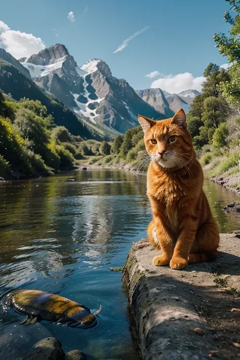  An orange cat with yellow-brown eyes ,  lying next to a river that passes through the cabin outside, The sky is blue, the greenish mountains , limelight,  hyperdetailed ,  sharp focus,  studio photograph , detalles intrincados,  very detailed,  in the pas...