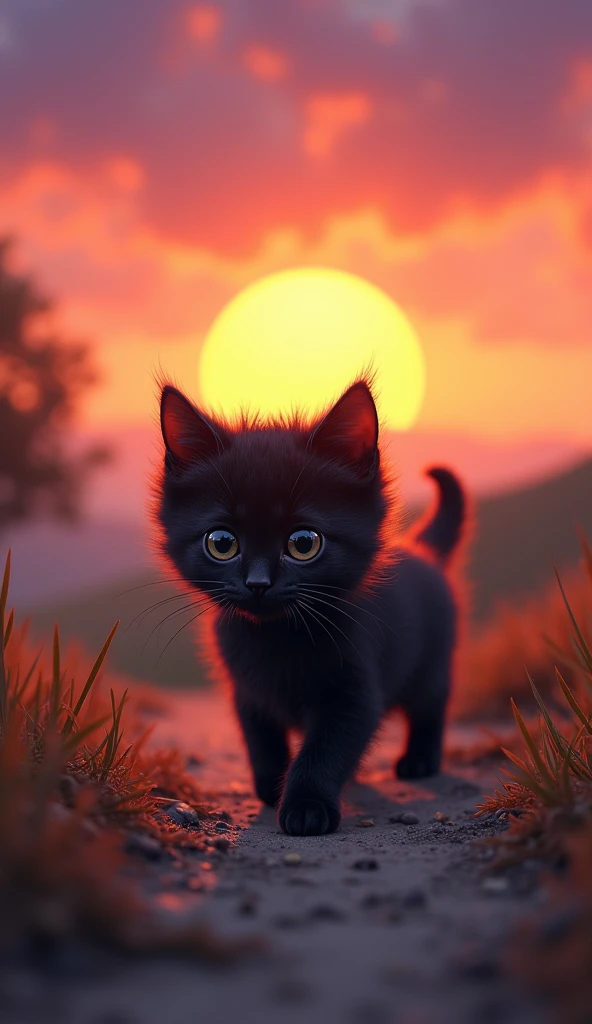 Black cat Munchkin kitten heading towards the sunset
Im going to walk