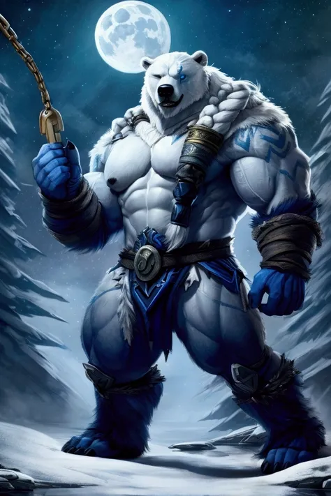 Alone, 1 polar bear, furry,  white hair ,  trunk hair down dark blue, eyes, bear tail, eyes, 5 fingers,  nails black claws,  Viking type braids ,  FULL BODY SHOWING , (Volibear lol), bodybuilder,  detailed muscles ,  defined muscles , Thick muscles,  defin...