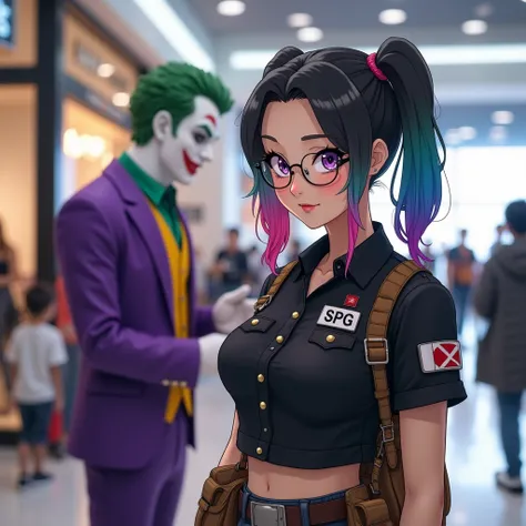 A young Asian woman, likely in her late teens or early twenties, dressed as Harley Quinn, stands in a shopping mall. Shes wearing a black, tactical-style shirt with brown leather straps and pouches, a name tag with "SPG" and another insignia, and has multi...