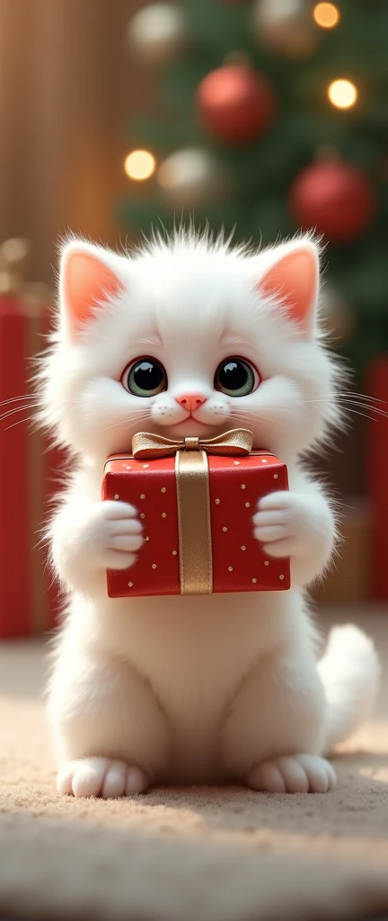 Cute White Kitten Holding Christmas Present Forward