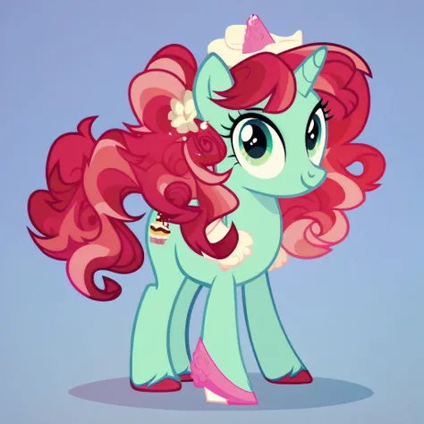 score_9, score_8_up, score_7_up, score_6_up, score_5_up, score_4_up, show accurate, full body, simple background, feral pony, female pony, adorable appearance, original character, unicorn cake Tulip Sparkles