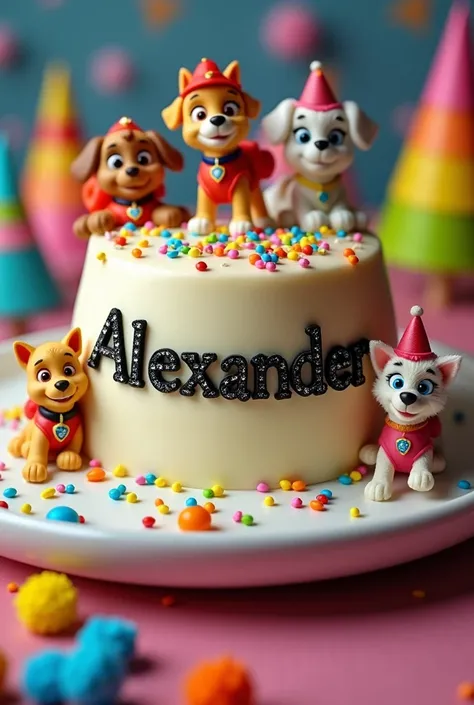 Paw Patrol themed pudding with the name Alexander in black with rhinestones 
And piñatas