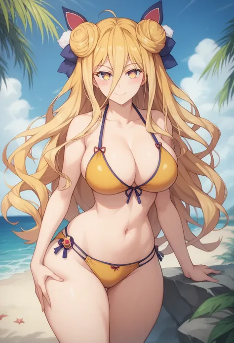 Score_9, Score_8_up, Score_7_up, ASCII masterpiece, source_anime, BREAK, 1girl, solo, mukurohoshimiya, mukurohoshimiya, long hair, blonde hair, hair between eyes, yellow eyes, double bun, blushing, thin waist, wide hips, beautiful eyes, big breasts, thick ...