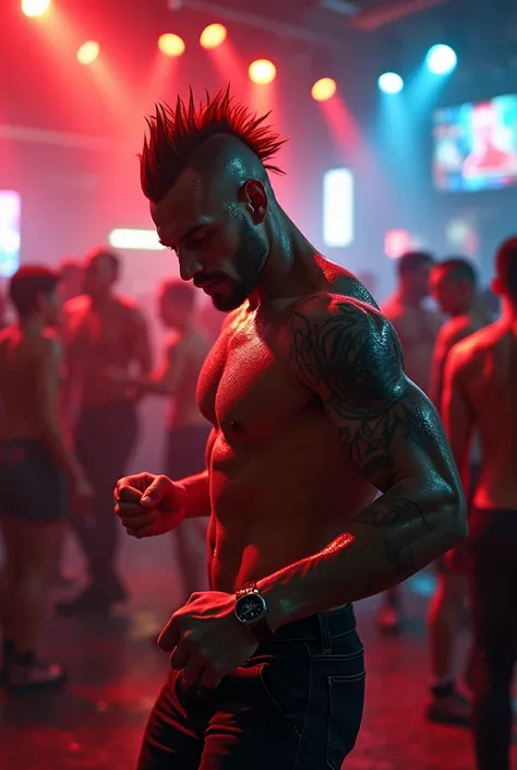 man, muscular, with red-eyed mohawk hair and tattoo on her left forearm dancing in a nightclub 
