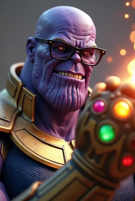 Create an image of a character identical to Thanos from the movie Avengers: Infinity War , But hes wearing nerdy glasses and is punching the air with the infinity gauntlet just like the one in the movie 