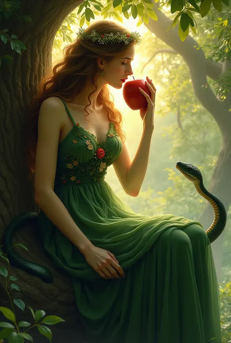 " A mystical representation of Eve in the Garden of Eden , sitting next to a giant snake and curled up in a leafy tree.  Eva wears a flowing green dress adorned with floral details ,  holding a bright red apple close to her lips while giving A bite.  The b...