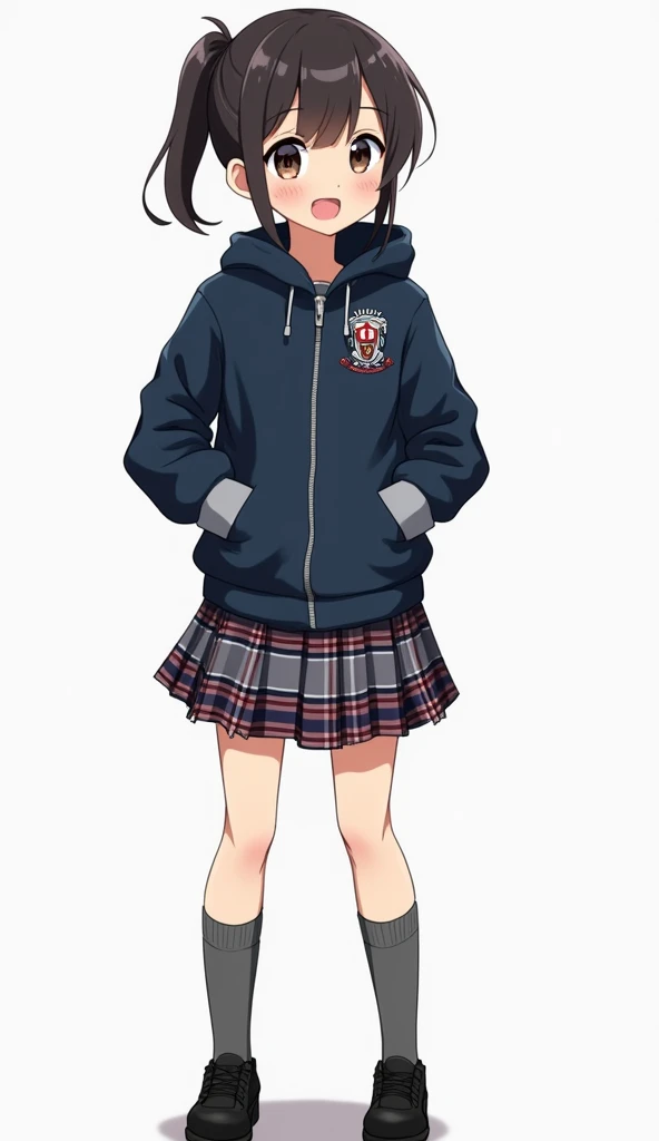  Animated adolescent woman with tartan style skirt with main color gray and dark blue squares with red lines that form patterns of Y squares with a dark blue fleece and with a dark blue hood and gray man gas and gray cuffs sporty style, with zipper in the ...