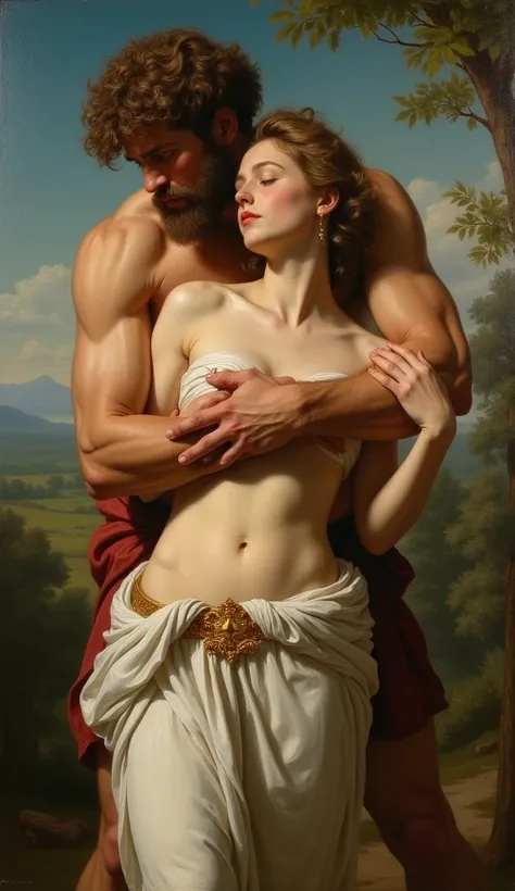 oil painting by Rubens 。(((Greek-style dress with a golden belt ))) back view of Hercules hugging beautiful Hypolite from behind