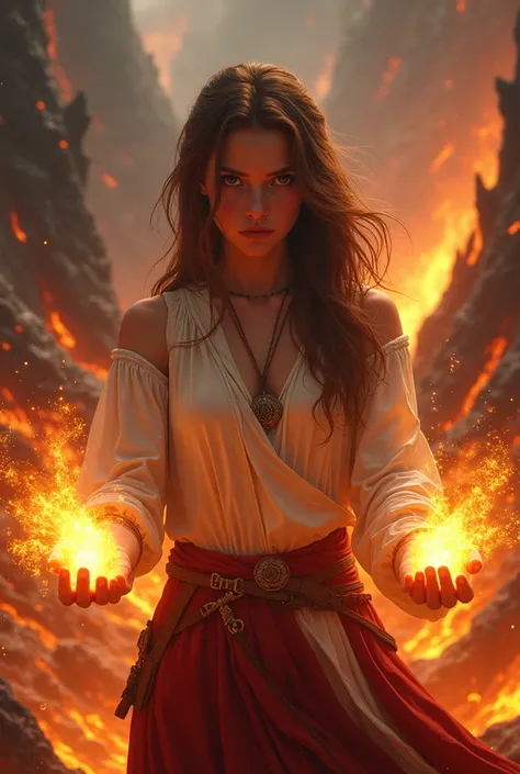 A fantasy brown haired girl with fire magic. Lava hands