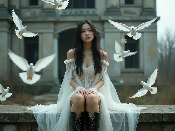 
Photorealistic image, 8k resolution, a young Asian woman with long dark hair sits on a weathered stone ledge. She is wearing a flowing white dress and black combat boots. Numerous white doves are in flight all around her. The background is a dilapidated b...