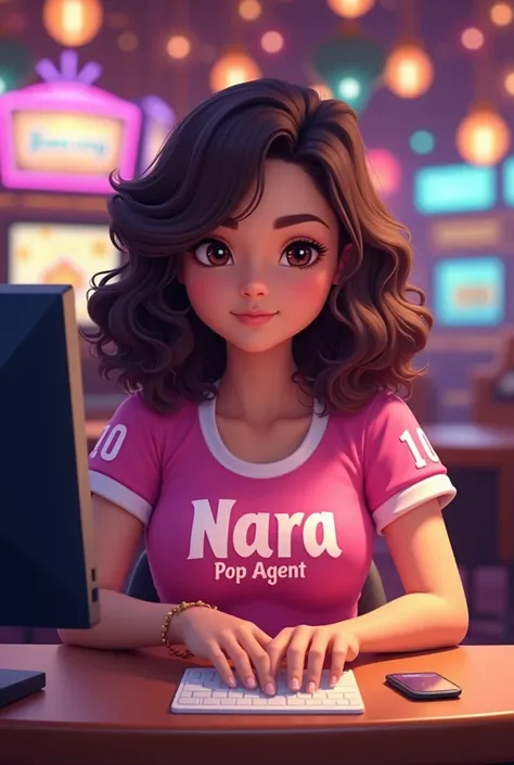  Chubby woman , of brown eyes, curly hair below the shoulders, with the name Nara POP Agent in the pink jersey ,  sitting at a casino table with a computer 
