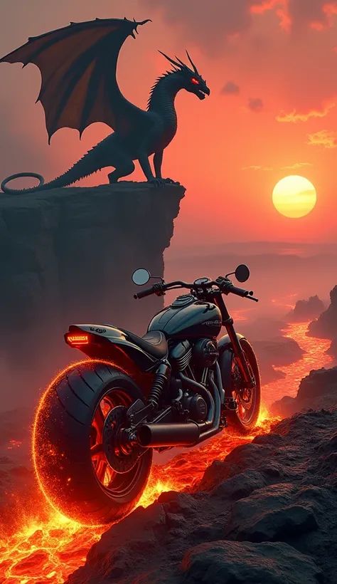 A breathtaking scene showing two epic entities in a fiery, post-apocalyptic landscape. On one side, a massive black dragon with glowing red eyes, obsidian-like scales, and enormous wings, perched on a cliff surrounded by rivers of lava and molten rock. On ...