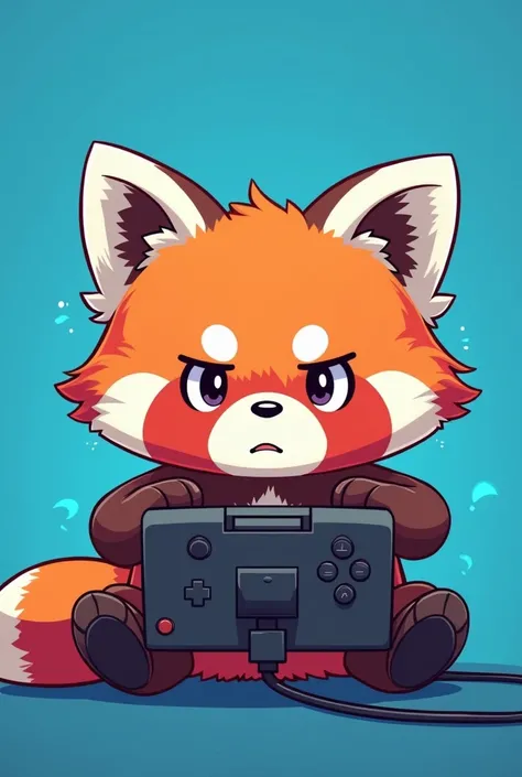 Frustrated little gamer red panda in Kawaii 
with a blue background 