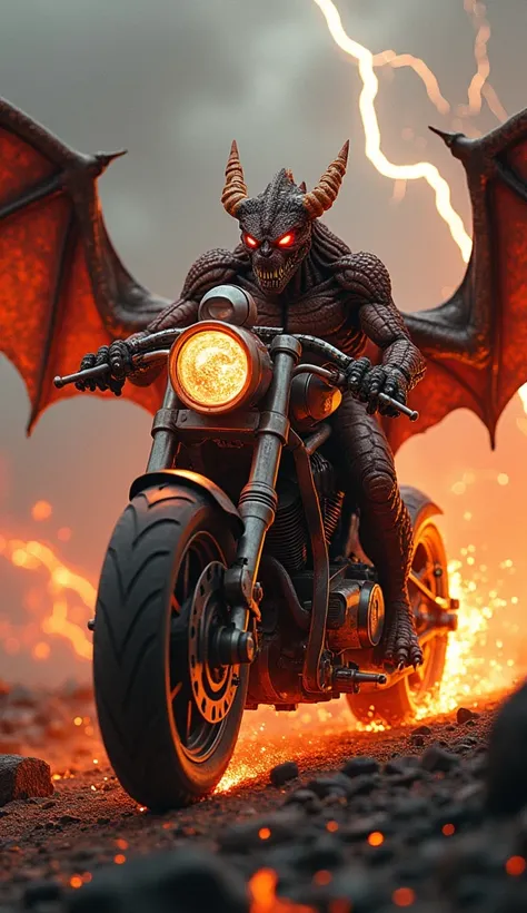 A monstrous hybrid of a dragon and a hellish motorcycle tearing through a volcanic wasteland. The creatures body is a fusion of sleek, metallic motorcycle parts and organic dragon scales. Its head resembles a dragons, with glowing red eyes, jagged horns ma...