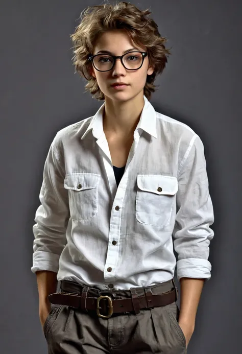 Masterpiece of realistic photography, high quality, shaded tones; Appearance: the cute russian tomboy woman Nika whose age is older than the universe itself with nice natural chestnuts has boyish short cut messy shaggy brown hair disheveled for wind, with ...