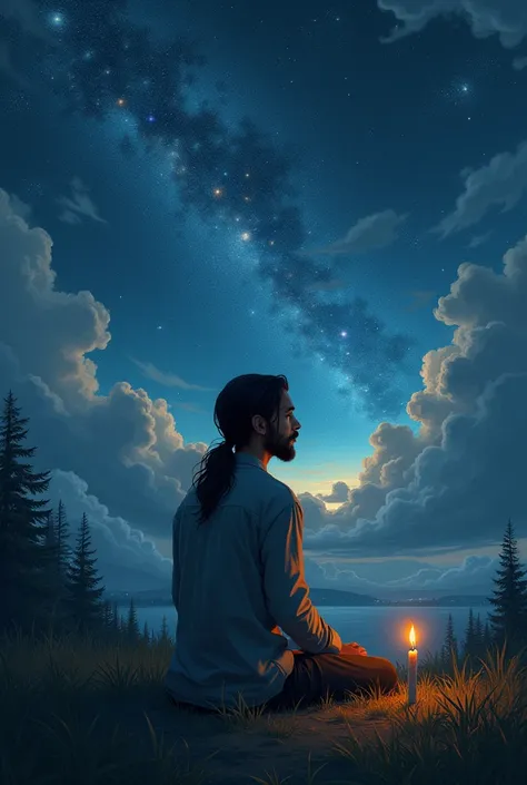 a lonley guy, its his birthday, and make it as a painting, in nature, sky, galaxy, one canlle , long hair guy, dakness, he tied his hair, a little beard, make it like arcane tv show style