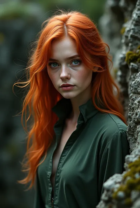 female, red hair, green eyes, mini rock, Upper body free 