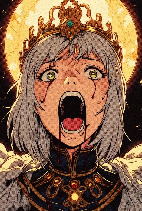  The image is a detailed digital illustration , manga style female character manga ,  blonde with short hair ,white, eyes with dilated pupil pouring out black tears streaming down the face,  thin golden crown as black blood drips through the crown hole  (A...