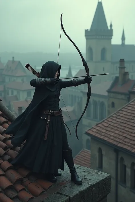 An silent medieval assassin gir aiming with a bow on a medieval building roof