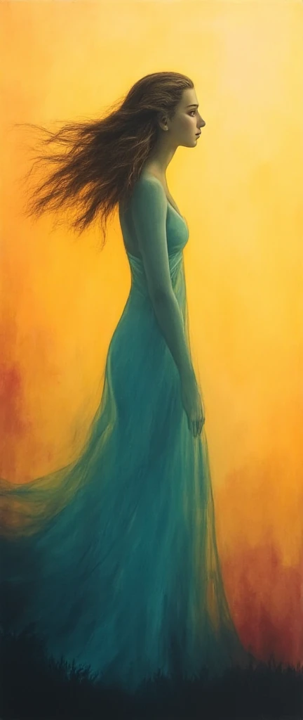 a subtle and ethereal work of art that represents a full-length woman, wind goddess in profile, her long hair fluttering in the wind, it is an oil painting with pastel, opaque colors, she is almost a silhouette but not completely, her The dress falls gentl...