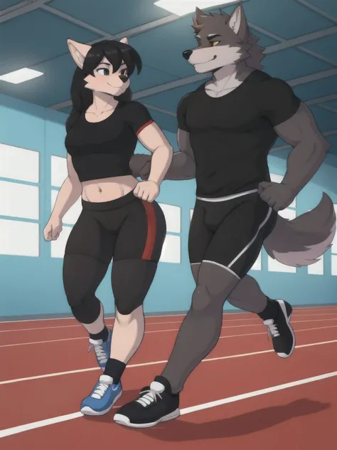 Furry, wolf, female, male, couple, black shirt, black spandex bike shorts, shoes, indoor running track, teen, competitor, full body