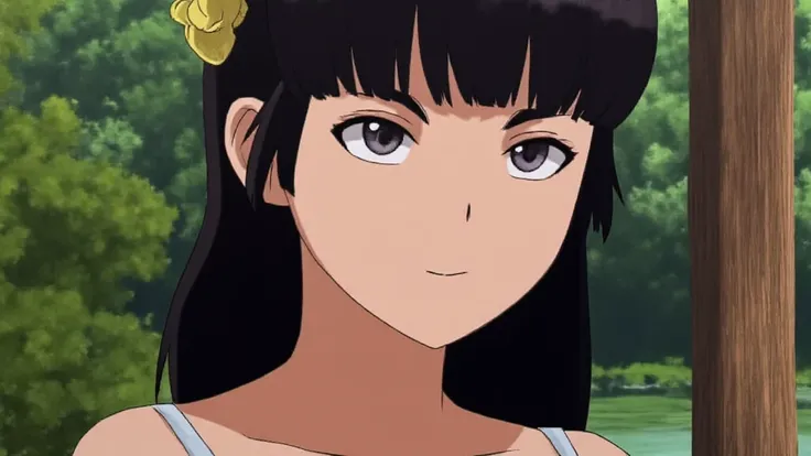 Hinata Hyuga from the anime Naruto. With fully transparent lace wedding dress,  IS NOT WEARING UNDERWEAR, The lace reveals her body .  His eyes are grey . straight bangs. closed dress. Short sheer lace dress let you see your breasts under the dress. grey e...