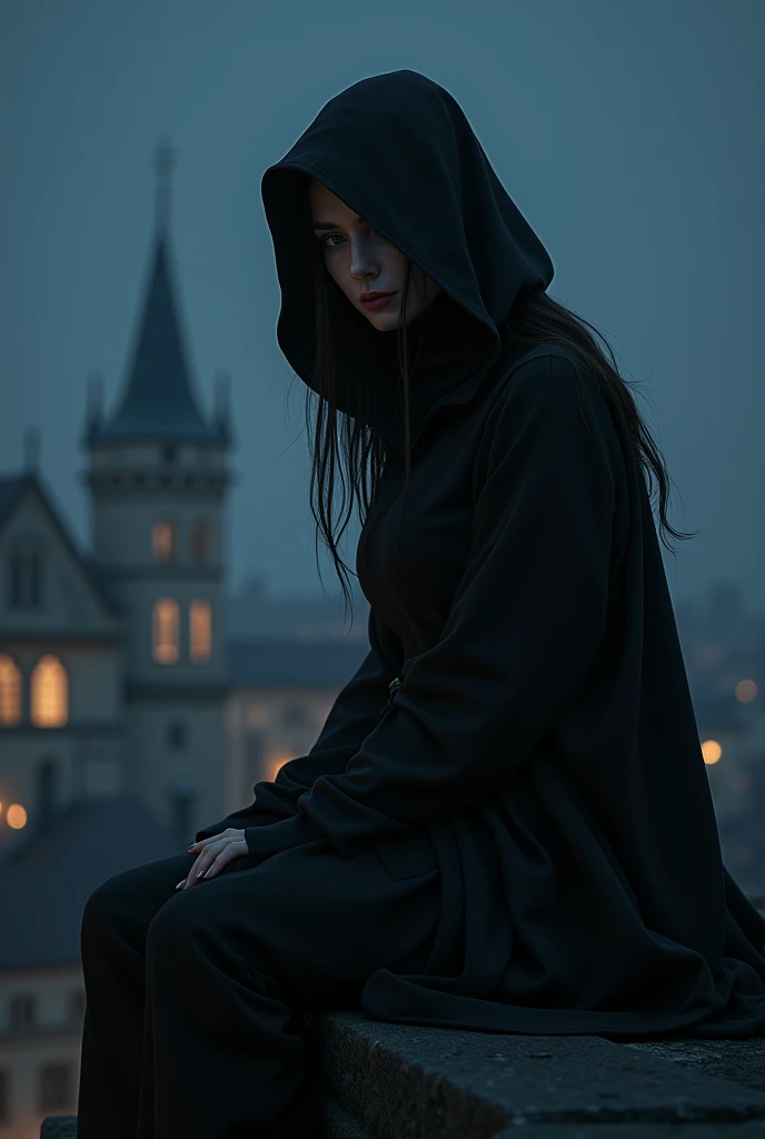 An silent medieval assassin girl sitting in a roof. Nighttime, black hood, beautifull face