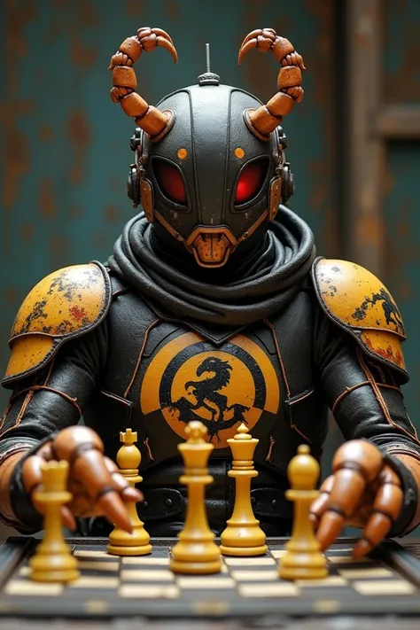 Humanoid scorpion soldier playing chess with a logo on the suit that puts Px6