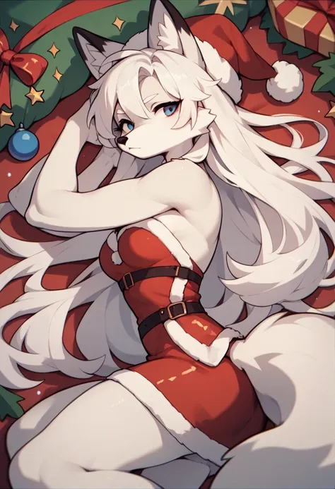 1girl furry,fox, white hair, white fur, long hair, wearing a Christmas dress, medium breasts, in a winter setting 