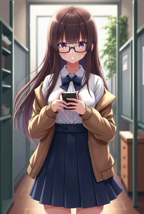 nerd girl, wearing glasses,  Japanese school uniform, a brown jacket,  very large breasts,  long brown hair dress, purple eyes, selfless face , chewing gum,   touching their cell phones